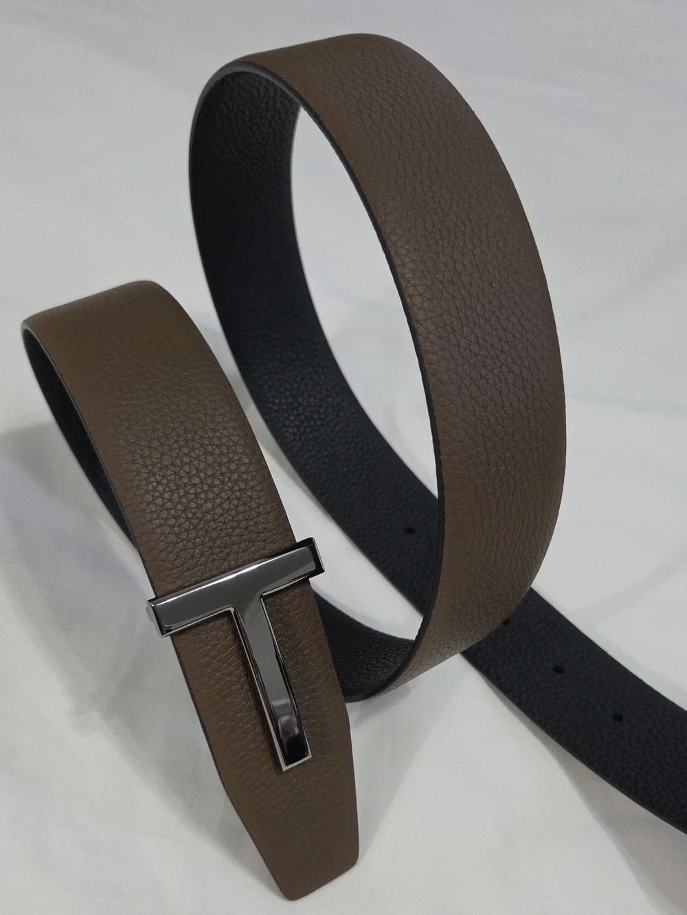 Tom Ford Black & Brown Leather Belt Dark T Buckle Accent